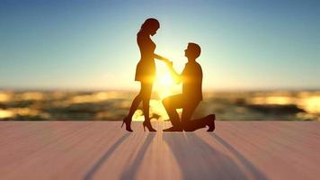 Images de rendu 3D d'un homme qui est agenouillé devant une femme pour lui demander de se marier sur la terrasse en bois qui a la mer et le coucher du soleil en arrière-plan video