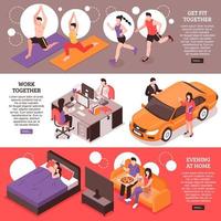 Daily Routine Couple Isometric Banners Vector Illustration