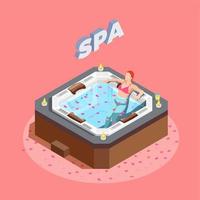 Woman in bath with rose petals during water therapy isometric composition on pink background vector illustration