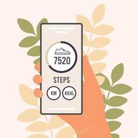 Pedometer in a mobile phone An application that counts steps and tracks your walking progress vector