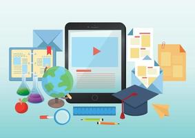 educación en línea papelería y tableta artículos escolares vector