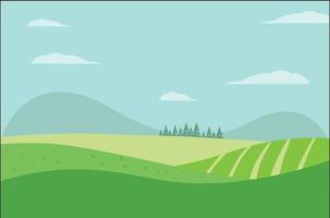 Spring landscape with with mountains  trees fields and nature Cute flat style illustration vector