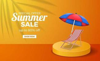 Summer sale poster banner template with podium stage orange warm color with lazy chair and umbrella vector