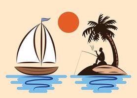 A man are fishing and smoking comfortably On an island in the middle of the sea that has coconut trees And there is a sailboat floating next to it vector