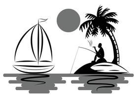 A man are fishing and smoking comfortably On an island in the middle of the sea that has coconut trees And there is a sailboat floating next to it vector