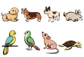 Ilustración vectorial de dibujos animados de ocho animales de compañía diferentes con cachorro de perro conejo loro pájaro ratón y tortuga vector