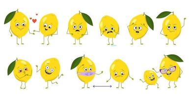 Set of cute lemon characters with emotions, faces, arms and legs. Happy or sad heroes, citrus fruits play, fall in love, keep their distance with a mask, a smile or tears. Vector flat illustration