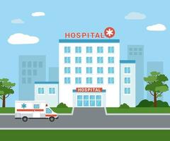 Medical hospital building outside. An ambulance car next to the hospital building. Isolated medical facility exterior view with trees and clouds on the background. Flat vector illustration