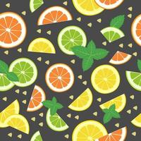 Lemon, Mandarin, lime slices, mint leaves, ginger slices. Seamless bright pattern on a white background. A set of citrus fruits for a healthy lifestyle. Vector flat illustration of useful food