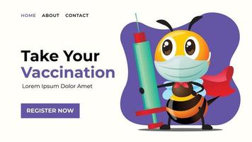 Modern flat design web banner of Cartoon superhero bee wears surgical mask and holds Syringe with Needle for injection vector