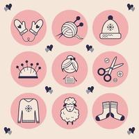 Stylish icons for needlework. Images of a knitting woman, scissors, buttons, a hat, mittens with hearts, soft and warm sheep wool, a ball of yarn with knitting needles. Stylish highlights handmade. vector