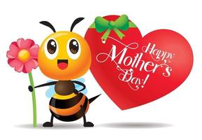 Cartoon cute bee holding a pink flower with big red heart signboard with mother's day lettering vector