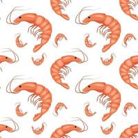 Seamless pattern with shrimps or prawns on a white background. Cute print for textiles, paper and other designs. A source of vitamins and healthy nutrition. Vector flat illustration
