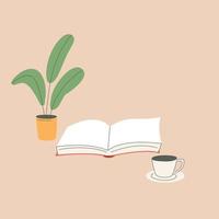 book, plant, and cup of coffee drawing vector