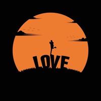 Couple happy in love stands on love text with sunset background vector