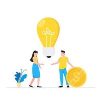 Teamwork concept with tiny people characters working together with big light bulb and money currency symbols vector