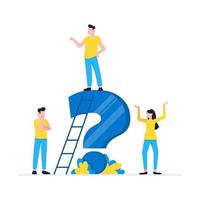 Teamwork concept with tiny people characters working together with big question mark frequently asked questions concept vector