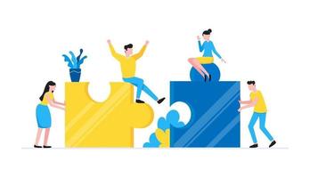 Teamwork concept with tiny people characters working together with big jigsaw puzzle pieces vector