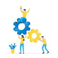 Teamwork concept with tiny people characters working together with big gears vector