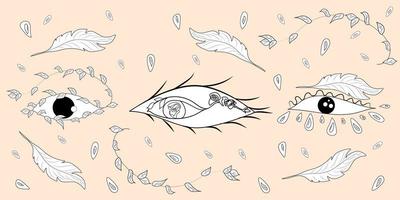 simple boho abstracto planta ojos en estilo lineal minimalista astrológico místico talismanes sagrados para tatuaje boho póster vector