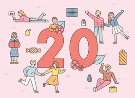 People are celebrating around the huge number 20. flat design style minimal vector illustration.