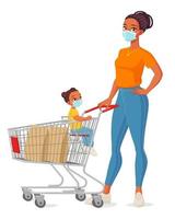 Madre e hijo en máscaras faciales con ilustración de vector de dibujos animados de carrito de compras