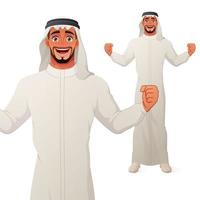 Hombre árabe emocionado celebrando el éxito con el personaje de vector de dibujos animados de manos levantadas