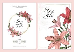 Pink lily wedding invitation with gold frame linear art sketch style vector