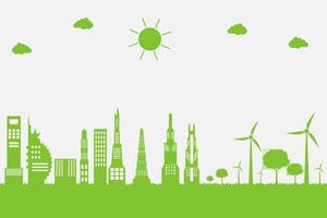 Wind turbines with trees and sun Clean energy with eco friendly concept ideas on city background vector