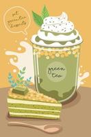 Set of delicious sweets and desserts with green tea flavor vector