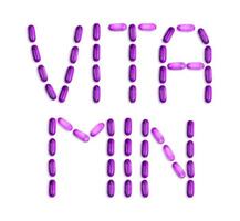 La palabra vitamina se presenta con pastillas sobre fondo blanco. foto