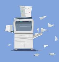 Office Multifunction Printer scanner A lot of documents and papers Isolated Flat Vector Illustration