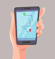 Navigation app with map on mobile phone in hand Tracking system Flat cartoon style Vector illustration