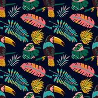 Hand drawn seamless pattern with tropical leaves and tucan vector