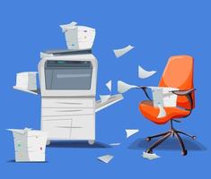 Office printer scanner Copier with flying paper isolated on background Copy machine with pile of documents stack of papers in cardboard boxes with office chair vector