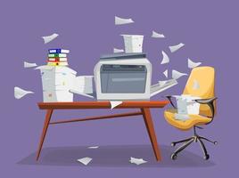 Office printer scanner Copier with flying paper isolated on background Copy machine with pile of documents stack of papers in cardboard boxes on the table with office chair vector