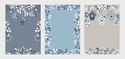 Set of card templates with birds and branches vector