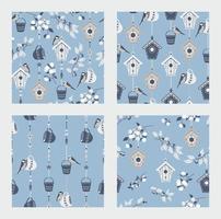 Collection of seamless patterns with birds and birdhouses vector