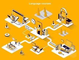 Language courses 3d isometric web banner vector