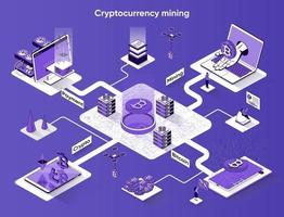 Cryptocurrency mining 3d isometric web banner vector