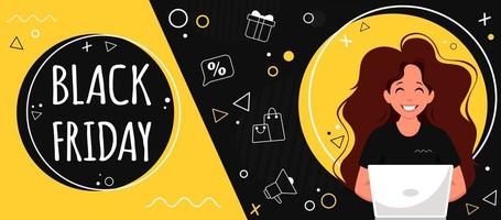 Black friday banner Woman with laptop doing online shopping vector