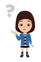 Happy cute kid girl character wearing beautiful outfits standing pointing to question mark and thinking vector