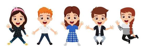 Happy cute kid boys and girls character wearing beautiful outfit jumping on white background celebrating vector