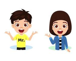 Cute kid boy and girl character wearing beautiful outfit on white background and waving posing vector