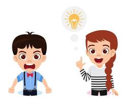 Cute kid boy and girl character wearing beautiful outfit on white background with idea symbol and angry expression vector