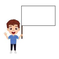 Happy cute kid boy character standing together holding rectangle size placard white blank board and smiling isolated with cheerful expression vector