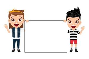 Feliz lindo niño niño y niña personaje de pie juntos sosteniendo un cartel de tamaño rectangular tablero en blanco blanco y sonriendo aislado con expresión alegre vector