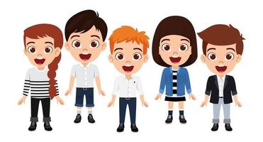 Happy cute kid boy and girl character set standing together holding with cheerful expressions and posing vector