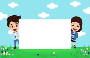 Happy cute kid boy and girl character team standing behind placard on garden background and pointing with cheerful expression vector
