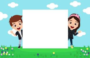 Happy cute kid boy and girl character team standing behind placard on garden background with cheerful expression vector